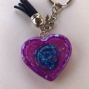 Handmade Resin Purple Heart & Blue Rose Glitter Key Chain